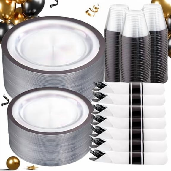210 Pcs Clear and Black Plastic Plates, Halloween Disposable Dinnerware Set, Include 30 Dinner 30 Dessert Plates,30 Plastic Cups 9 OZ,30 Pre Rolled Napkins with Cutlery for New Year