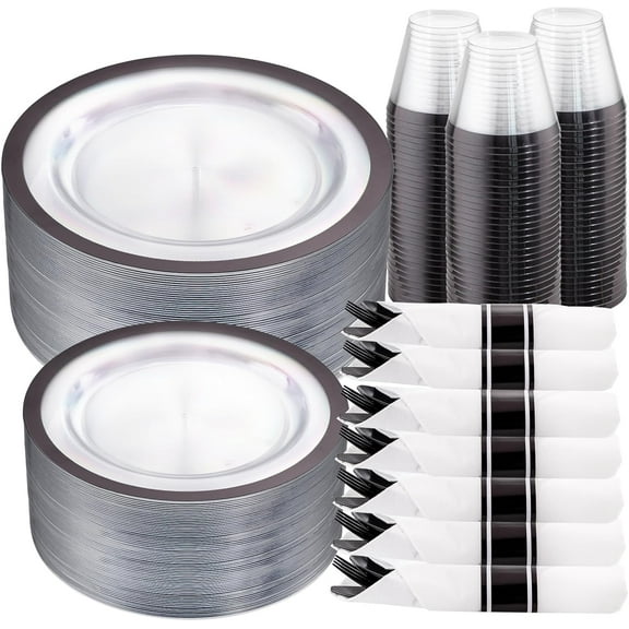 210 Pcs Clear and Black Plastic Plates, Happy New Year Disposable Dinnerware Set, Include 30 Dinner Plates,30 Dessert Plates,30 Plastic Cups 9 OZ,30 Pre Rolled Napkins with Cutlery for Party