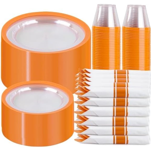 210 Pcs Clear Orange Plates for 30 Guests, Orange Disposable Plates Set Include 30 10" Dinner Plate,30 7" Dessert Plate, 30 Cups, 30 Pre Rolled Napkins with Cutlery Set for Party and Wedding