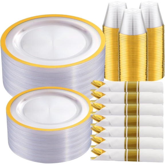 210 Pcs Clear Plastic Plates,Gold Disposable Plates,Include 30 Dinner Plates 10.25'',30 Dessert Plates 7.5'',30 Gold Rim Cups 30 Pre Rolled Napkins with Plastic Cutlery for Thanksgiving