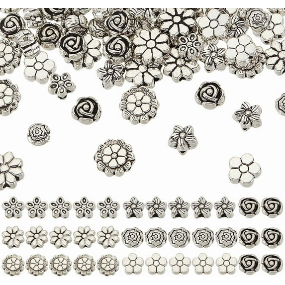 210 Pcs Tibetan Alloy Flower Beads - 7 Styles Silver Rose Daisy Flat Round Vintage Metal Floral Bead Spacers for Bracelet Jewelry Making