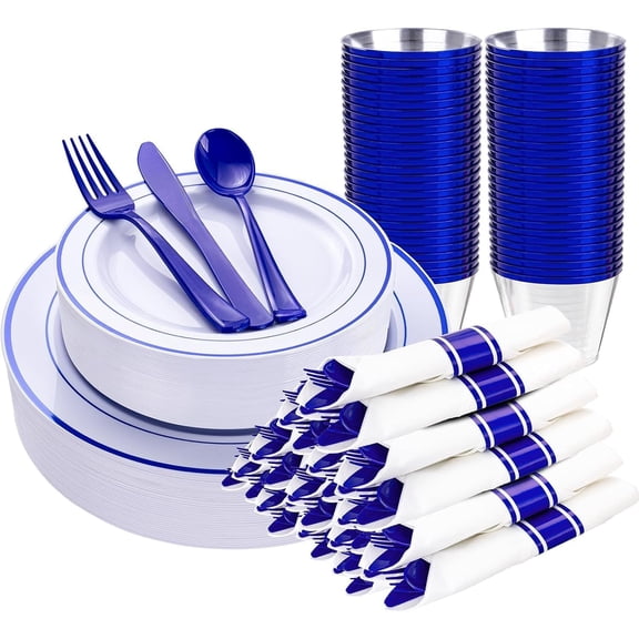210 Piece Blue Disposable Dinnerware Set with Plates Napkins Silverware and Cups