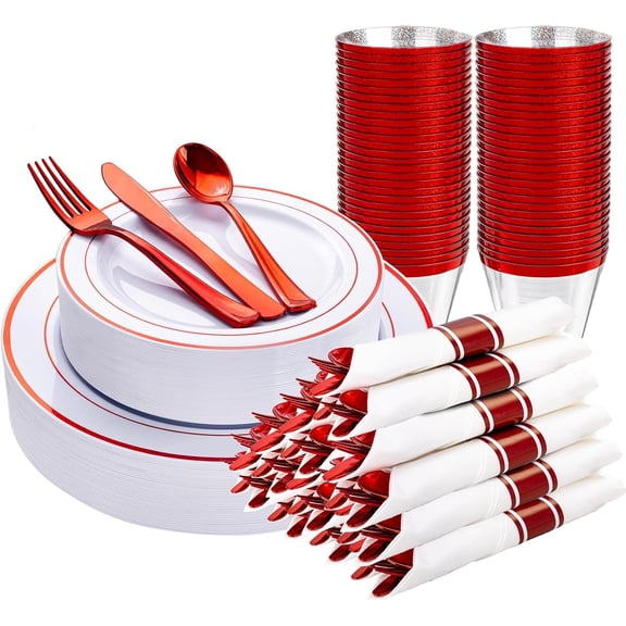 210 Piece Red Plastic Dinnerware Set, Disposable Plates for Party,Include: 30 Dinner Plates, 30 Dessert Plates, 30 Pre Rolled Napkins with Gold Silverware and 30 Gold Cups