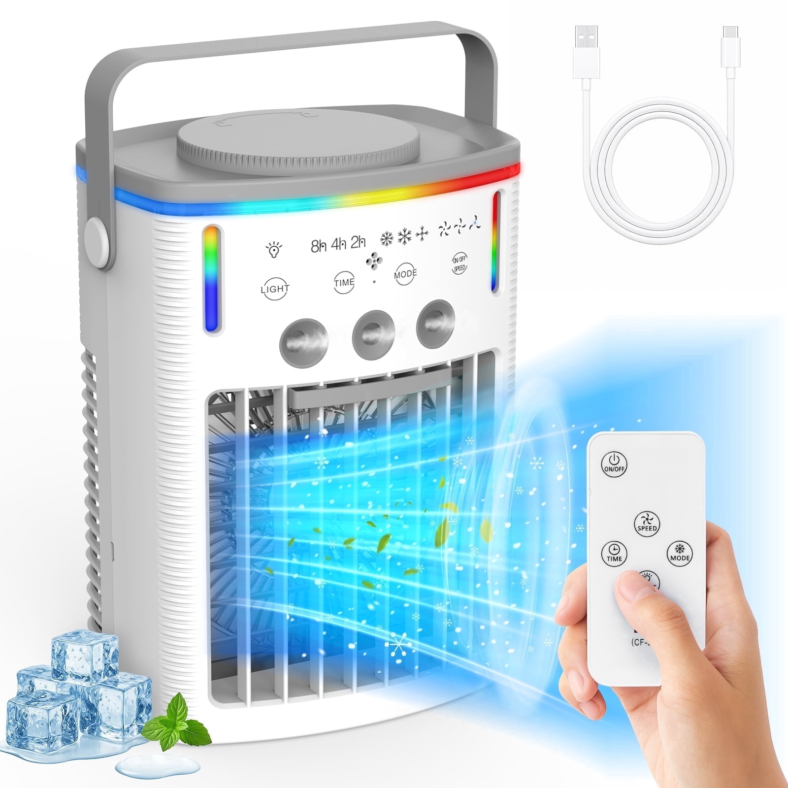 2100 RPM Quiet 4-in-1 Portable Cooling Fan with 3 Speeds, 3 Modes, 2-8 Hour Timer, 1000ml Water Tank and Colorful Night Light for Room, Camping, Car, Office Use