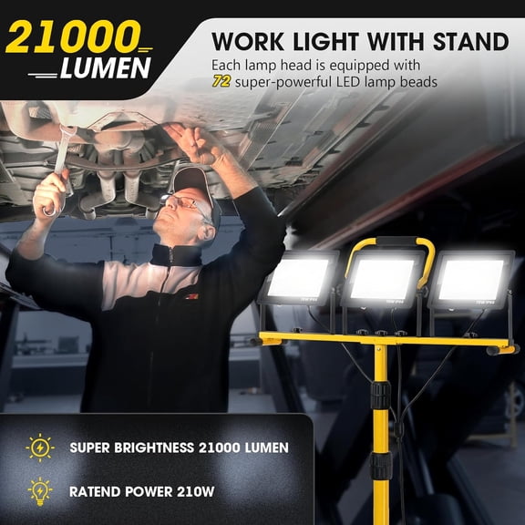 21000Lumen LED Work Lights with Stand - 3 Head Portable Work Light with 16FT Cord - IP66 Waterproof Tripod Worklights for Outdoor Indoor Job Site Workshop Garage Construction Site Lighting