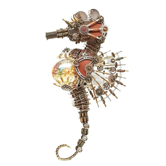 2100PCS 3D Metal Puzzle Mechanical Steampunk Seahorse Model with Lamp & Flexible Tail , Collectible Gift Decor DIY Assembly Puzzle for Teens 15+ and Adults