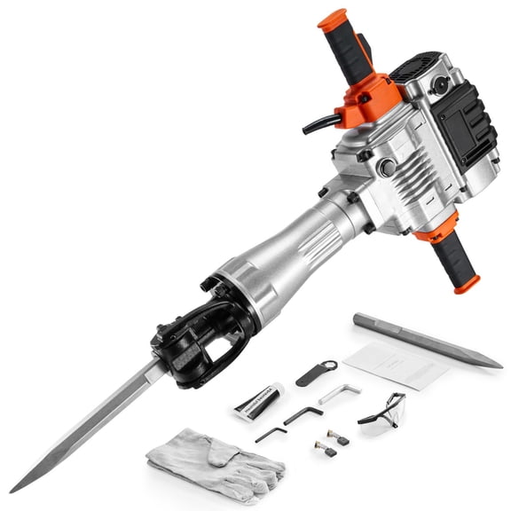 2100W Demolition Jack Hammer, 2100W Electric Jackhammer Heavy Duty, Aluminum, with 1 Point Chisel, 1 Flat Chisel, Built to Last, for garages, workshops, fabrication shops, repair bays, and job sites