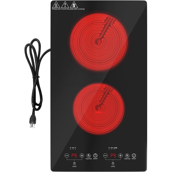 2100W Electric Cooktop 2 Burners 110V, 12" Electric Stove Top Hot Plate with Control, Countertop & -in Ceramic Cooktop, Keep-Warm, Timer, Safety Lock, Compatible with Cookware