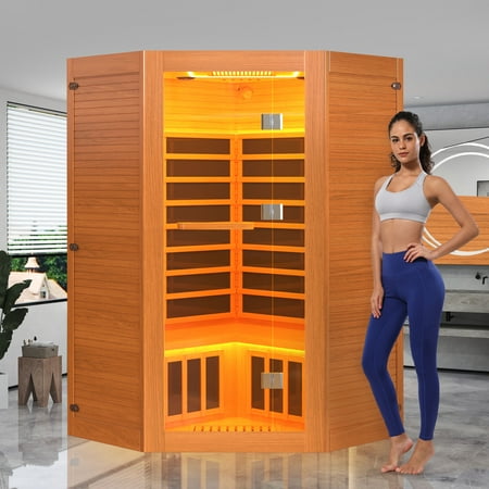 2100W Indoor Sauna, Far Infrared Sauna Low EMF for 2-3 Person, Canadian Hemlock Corner Sauna Room with Bluetooth Speaker, Colored LED Light, Control Panel, Pre-Warm Up for Home, Bathroom