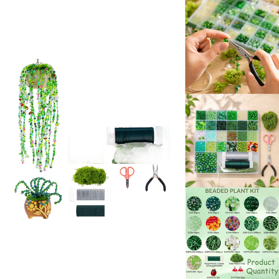 2100pcs Green Glass Beads DIY Bead Kit, Complete Beaded Plant Craft Supplies Set with Floral Wire, Moss & Tools for Adults Home Decor, Relaxing Activity & Thoughtful Gift