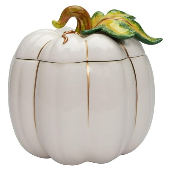 21074 Fine Ceramic Thanksgiving Harvest White Pumpkin Cookie Candy Jar, 6-5/8" L