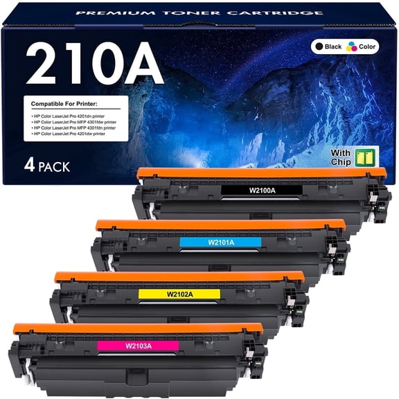 Compatible for 210A Laserjet Toner Cartridges (with Chip) 210A 210X W2100A W2100X 4201dw Color Laserjet Pro MFP 4301fdw 4301fdn Pro 4201dw 4201dn Series Printer Ink 4 Pack
