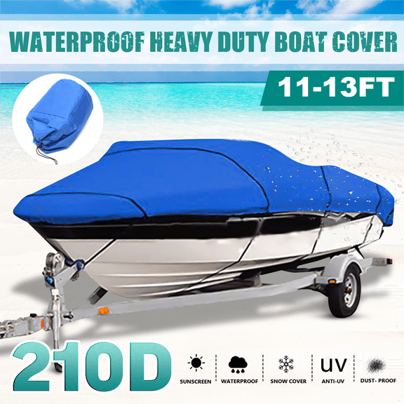 210D Trailerable Boat Cover for 11-13ft Boat Beam Width up to 78", Heavy Duty Waterproof Fishing Ski Bass V-Hull Tri-Hull Runabouts Boat Cover Anti UV All Weather Protection, Blue