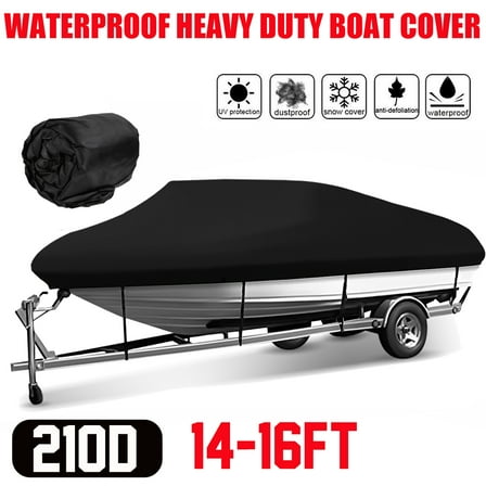 210D Trailerable Boat Cover for 14-16ft Boat Beam Width up to 90", Heavy Duty Waterproof Fishing Ski Bass V-Hull Tri-Hull Runabouts Boat Cover Anti UV All Weather Protection, Black