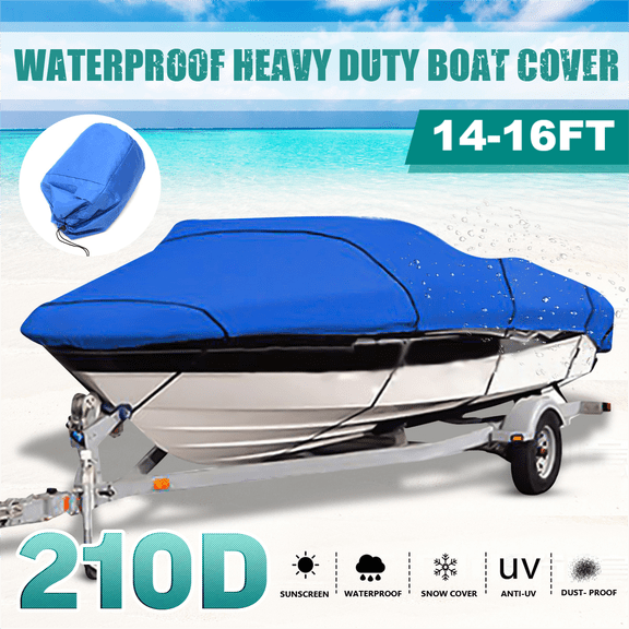 210D Trailerable Boat Cover for 14-16ft Boat Beam Width up to 90", Heavy Duty Waterproof Fishing Ski Bass V-Hull Tri-Hull Runabouts Boat Cover Anti UV All Weather Protection, Blue
