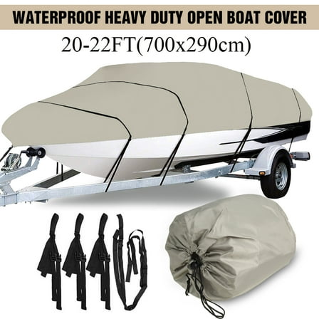 210D Trailerable Boat Cover for 20-22ft Boat Beam Width up to 100", Heavy Duty Waterproof Fishing Ski Bass V-Hull Tri-Hull Runabouts Boat Cover Anti UV All Weather Protection, Beige