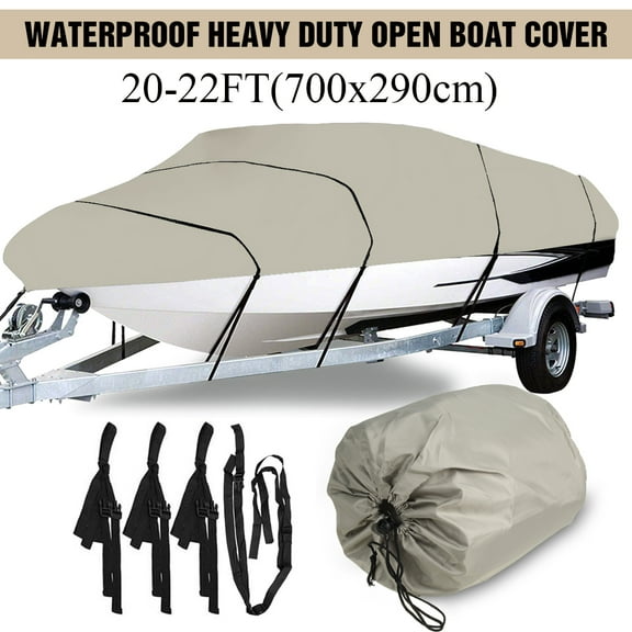 210D Trailerable Boat Cover for 20-22ft Boat Beam Width up to 100", Heavy Duty Waterproof Fishing Ski Bass V-Hull Tri-Hull Runabouts Boat Cover Anti UV All Weather Protection, Beige