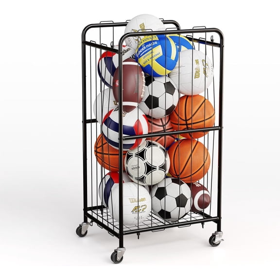 210L 43-Inch Large Ball Storage Basket with Wheels, Rolling Cart Sports Equipment Garage Organizer with Elastic Rope for Easy Access, Holder For Basketball, Soccer, Volleyball, Football