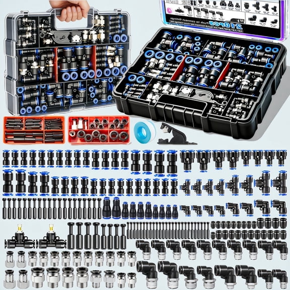 210PCS Air Line Quick Connect Fittings Kit, 1/8"-1/2" NPT & 4-10mm OD Push-to-Connect, Nickel-Plated Brass, with Storage Case
