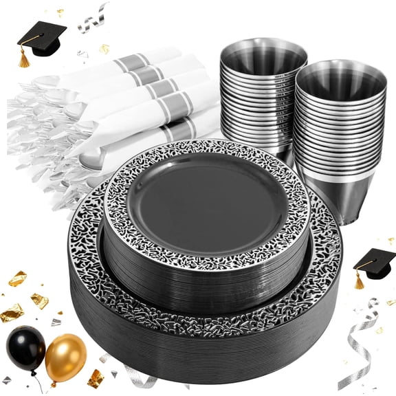210PCS Black and Silver Dinnerware Set for 30 Guests - Black Plastic Plates with Silver Rim Include 30 Dinner / 30 Dessert Plates, 30 Prewrapped Silverware, 30 Cups Ideal for Party/Graduation