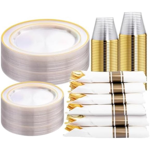 210PCS Clear-Gold Plastic Plates - Dinnerware Sets for 30 Guests - 60 Disposable Plates, 90 Plastic Silverware, 30 Cups, 30 Napkins for Party