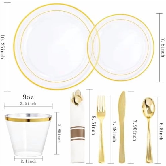 210PCS Clear-Gold Plastic Plates - Dinnerware Sets for 30 Guests - 60 Disposable Plates, 90 Plastic Silverware, 30 Cups, 30 Napkins for Party