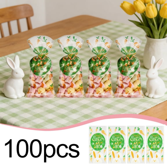 210PCS Easter OPP Candy Bags – Transparent Gift Bags with Bunny & Egg Prints, Plastic Snack Packaging with Ties for Party, Treats, Holidays