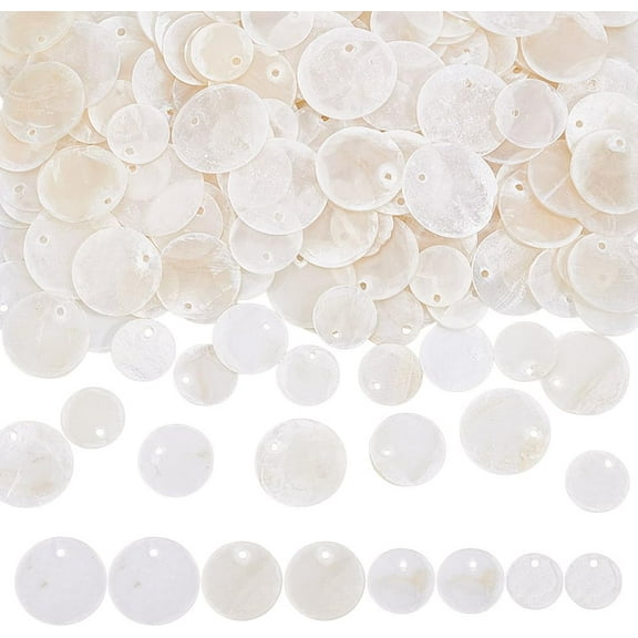 210PCS Flat Round Shells Pieces 4 Sizes Natural Capiz Shell Pendants Disc Coin Beads Charms Pendants for DIY handcrafting