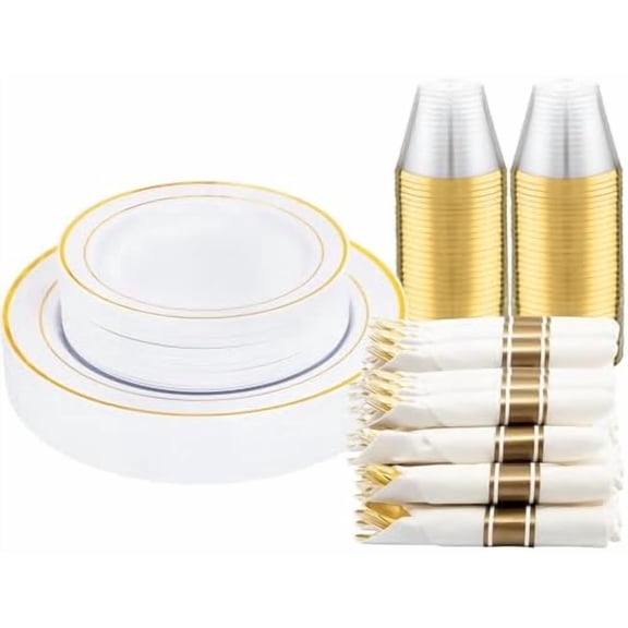 210PCS Gold Plastic Dinnerware Set Gold Plates Disposable Disposable Plates for Party Include: 30 Dinner Plates,30 Dessert Plates,30 Pre Rolled Napkins with Gold Silverware,30 Cups for Wedding