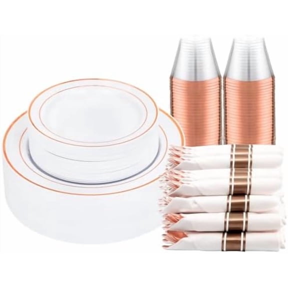 210PCS Rose Gold Plastic Dinnerware Set for 30 Guests, Valentine's Day Plates for Party, Include: 30 Dinner Plates, 30 Dessert Platos, 30 Pre Rolled Napkins with Rose Gold Silverware, 30 Cups
