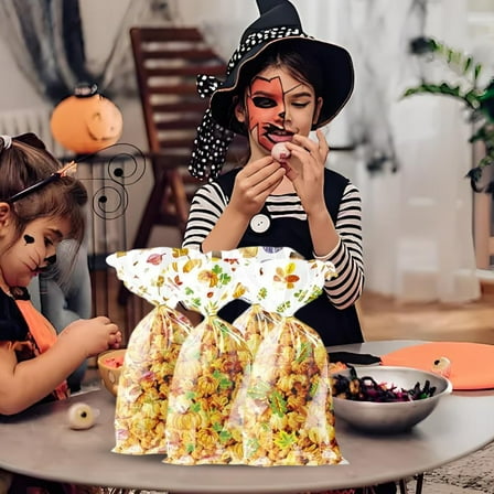 210PCS Thanksgiving Oil-Painting Style Pumpkin & Maple Leaf Gift Bags,Provide Against Tear Waterproof Plastic Bags, Includes 100 Bags + 110 Ties for Party Candy/Gift Wrapping(10.83×4.92in)