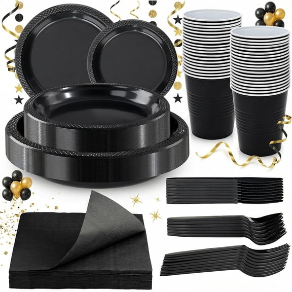 210Pcs Black Plastic Plates, Disposable Dinnerware Set, Party Supplies Including Black plates, 12oz Cups, plastic Cutlery and Napkins Serve 30 Guests, Plastic Plates for Party and New Year