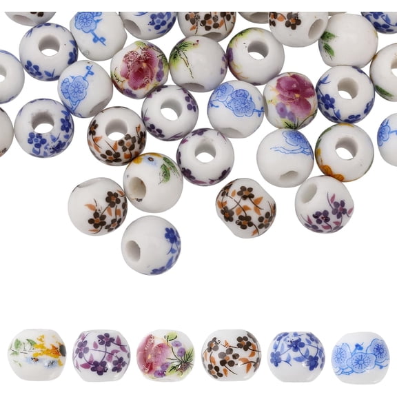210Pcs Ceramic Floral Beads Handmade Porcelain Flower Print Beads with Plastic Bead Container