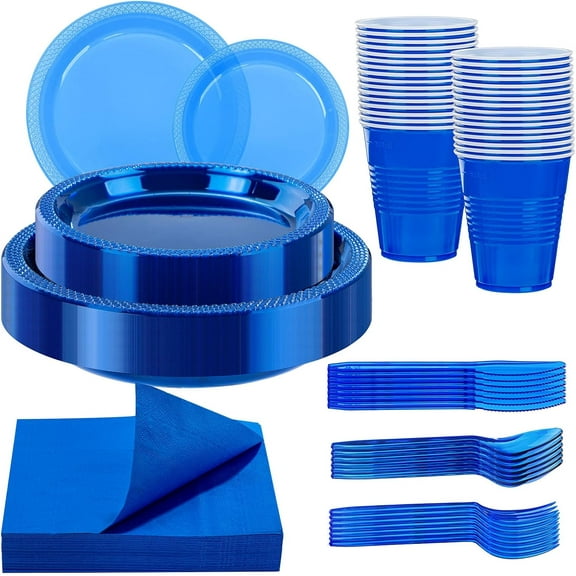 210Pcs Clear Blue Plastic Plates,Blue Plastic Dinnerware Set,Party Supplies Including Clear Plates, 12OZ Cups, plastic Cutlery and Paper Napkins Serve 30 Guests, Disposable Plates for Party