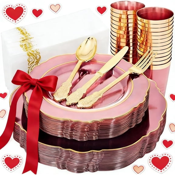 210Pcs Clear Pink Plastic Plates with Gold Rim - Disposable Pink Plates&Silverware&Pink Cups&Hand Napkin - Plum Colored Plastic Dinnerware for Upscale Wedding/Valentine's Day