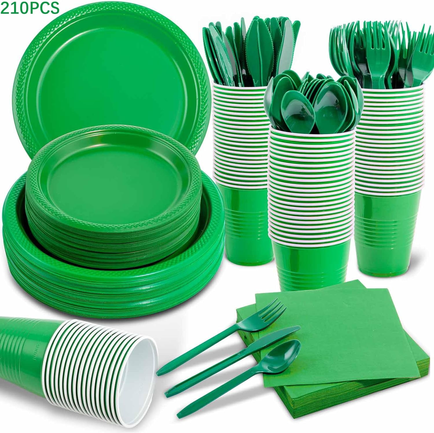 210Pcs Green Party Supplies, Gree Plastic Dinnerware Set, Including Green Plastic Plates and Napkins, Green Plastic Cutlery and 12OZ Green Cups, Serve 30 Guests for Party