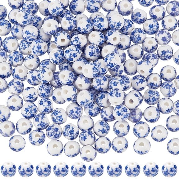 210Pcs Handmade Flower Printed Porcelain Ceramic Beads Round Blue 8mm Hole: 2mm for DIY