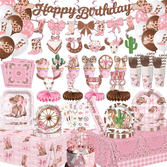 Xizondidi Pink Cowgirl Birthday Party Decorations with Western Plates Napkins Banner Latex Balloons for Rodeo Theme Party Supplies Serve 26