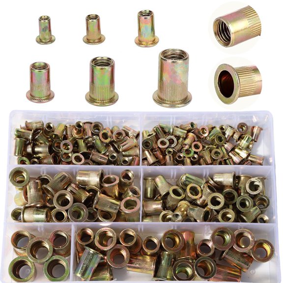 210Pcs Rivet Nut Assortment Kit Flat Head Hardware Nutsert Automotive Marine Industrial Threaded Rivets Insert M4 M5 M6 M8 M10 M12
