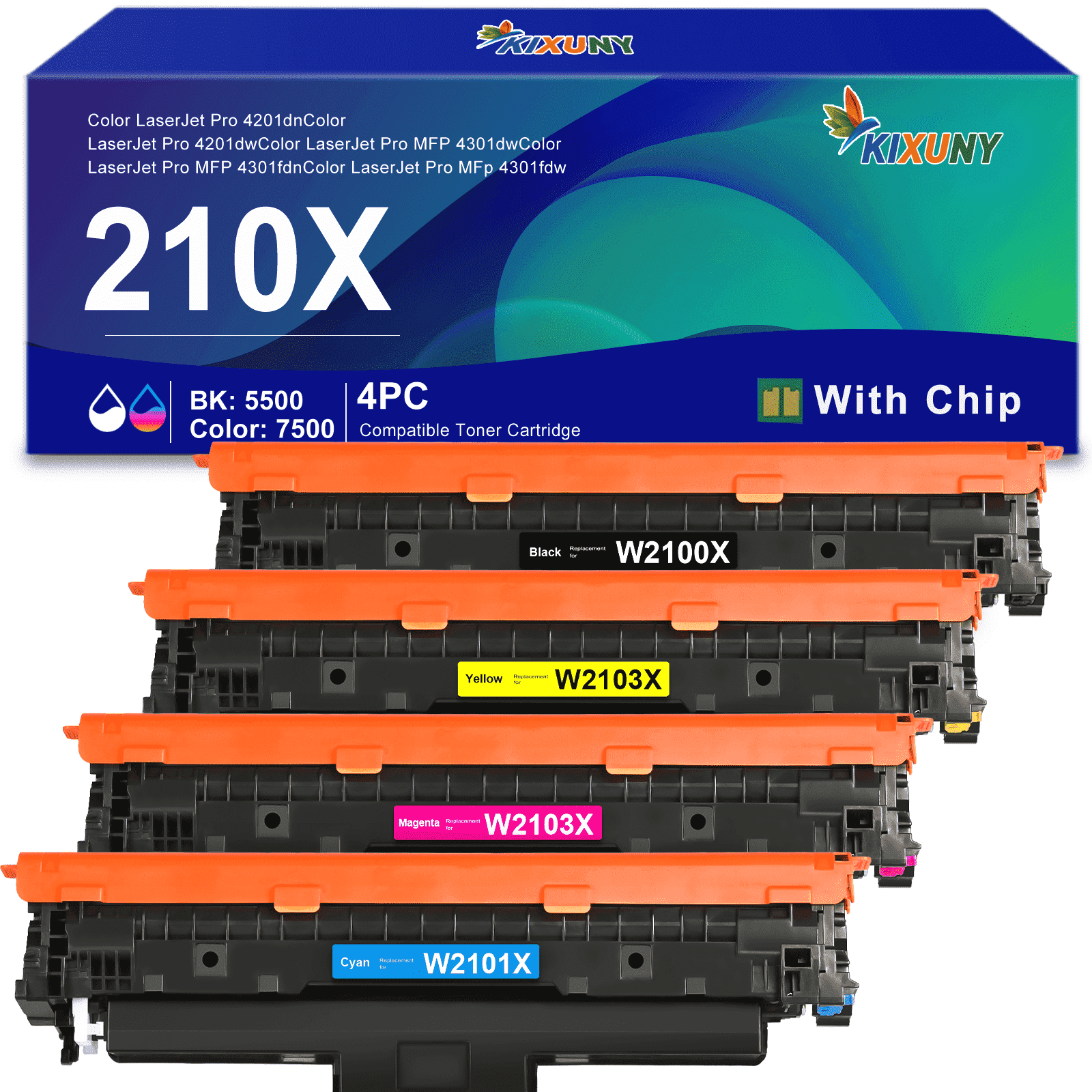 210X Toner Cartridges 4 Pack High Yield (with Chip) Compatible for HP 210X 210A for Color Laserjet Pro MFP 4301fdw 4301fdn Pro 4201dw 4201dn Series Printer (Black,Cyan,Magenta,Yellow)