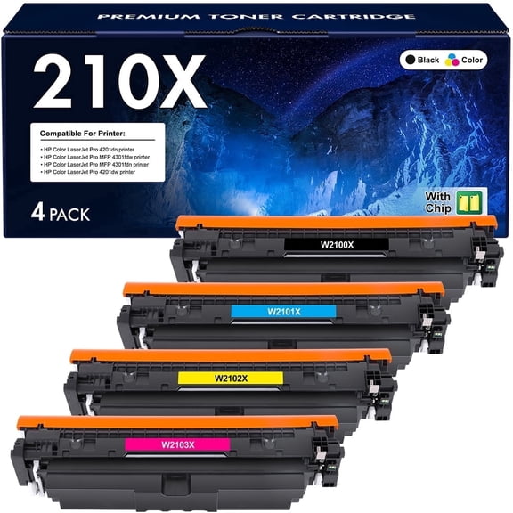 Compatible for 210X Toner Cartridges High Yield with Chip 210A Toner Color Laserjet Pro MFP 4301fdw 4301fdn Pro 4201dw 4201dn Series Printer W2100X W2100A Ink (BK/C/M/Y 4 Pack)