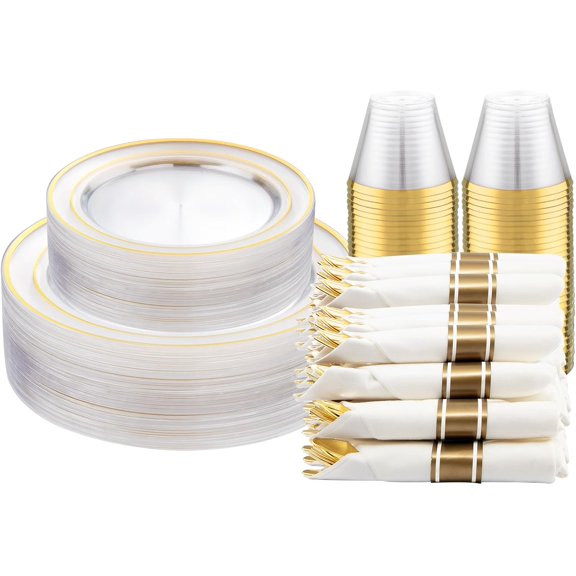 210pc Transparent Gold Plastic Tableware Set for 30 Guests, Plates, Cups, Napkins, Cutlery