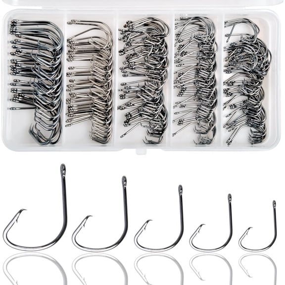 210pcs Fishing Hooks Kit Saltwater Freshwater Circle Hooks High Carbon Steel Barb Fish Hooks Fishing Gear Equipment with Tackle Box Assorted Size Octopus Beak Offset Fishing Hooks