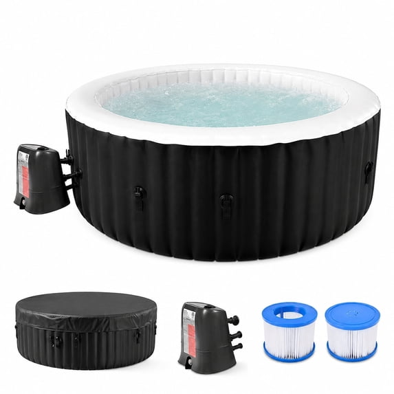 211 Gallon Inflatable Hot Tub 4 Person Round with Control Panel, Portable Outdoor AirJet Hot Tub Spa with 110 Bubble Jets, Filter, Insulated Tub Cover and Floor Protector, Temperature up to 104°F