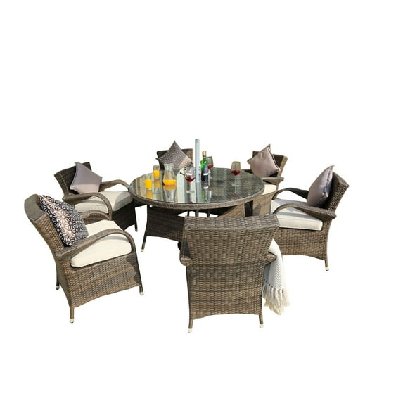 211" X 55" X 32" Brown 7Piece Outdoor Dining Set with Washed Cushion