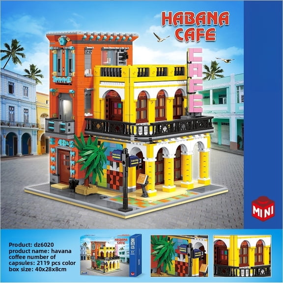 2119PCS Tropical Coast Town Cafe Mini Building Blocks, Bright 3-Story Modular City Street Collectible Brick Model