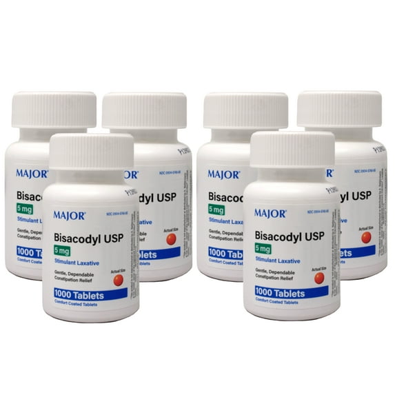 Major Bisacodyl USP Stimulant Laxative Coated Tablets, 5 mg, 1000 Count (Pack of 6)