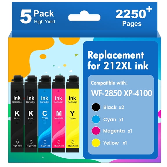 212 Ink Cartridges Compatible for Epson Printer 212 212XL T212XL T212 Ink for WF-2850 XP-4105 XP-4100 WF2830 Printers,5 Pack