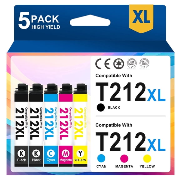 212 Ink Cartridges 5 PACK Compatible for Epson 212 212XL T212XL T212 Ink for WF-2850 XP-4105 XP-4100 WF2850 XP4105 XP4100 Printers, 212 XL Black,Cyan,Magenta,Yellow