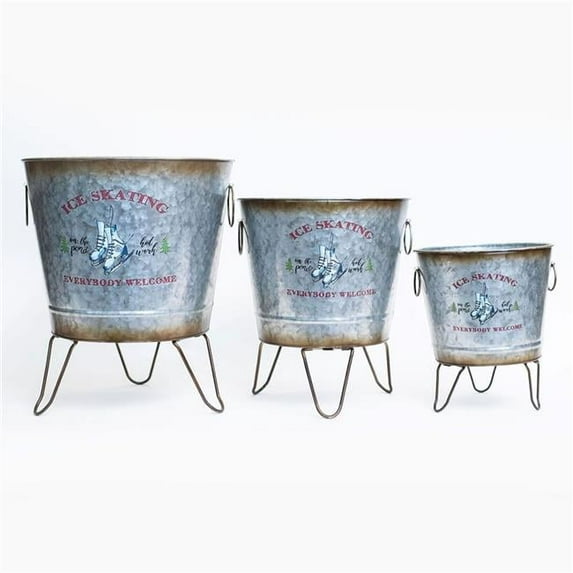 212 Main AI-GG9407 Metal Pots on Wire Stands Ice Skating Everybody Welcome Planters, Set of 3